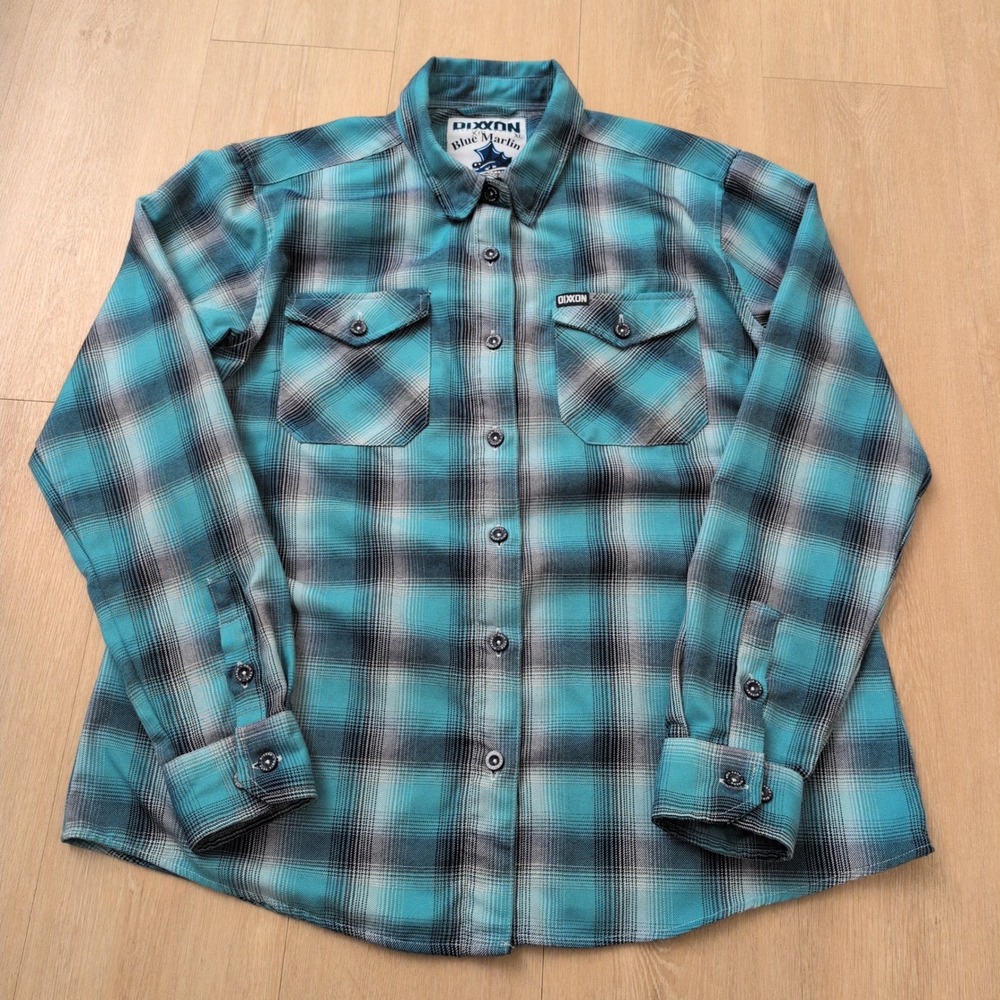 Dixxon Flannel Mens XL Blue Marlin Teal Plaid Button Down Shirt D-Tech